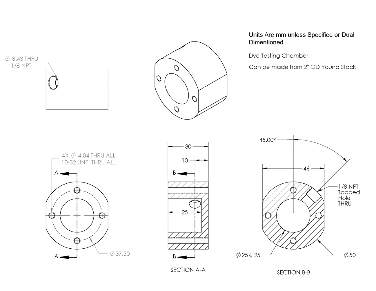 CAD Drawing of the Modified Dye Testing Cell to be Used in the Partial Puncture and Dye Testing.