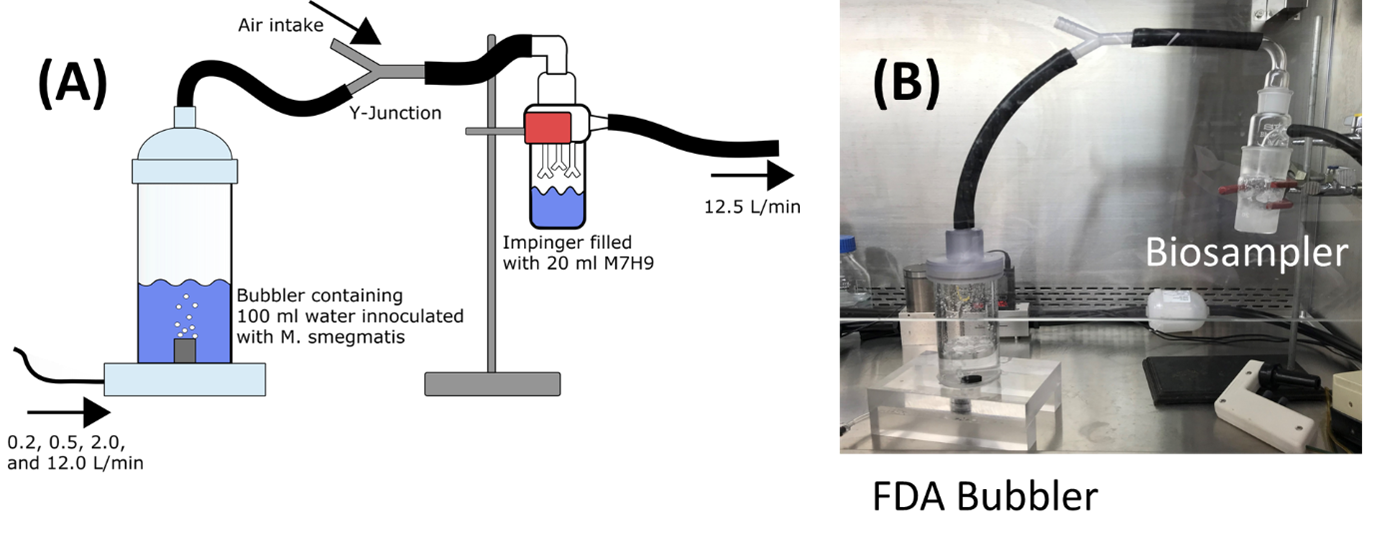Figure S1 (A) Schematic of the FDA bubbler including the SKC biosampler. (B) Actual test set up as observed inside a biosafety cabinet. 